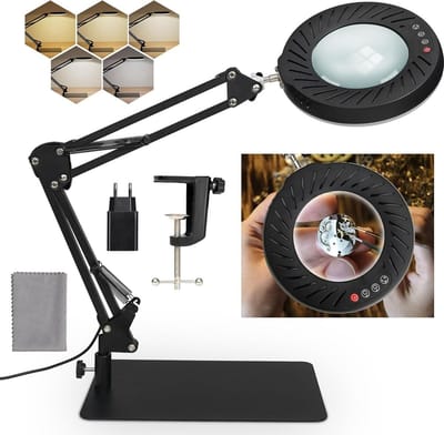 QPFO® Vergrootglas Lamp 10x – Loeplamp met LED Verlichting en Verstelbare Arm – 5 Lichtkleuren en 10 Helderheidsniveaus – Met Klem en Basis