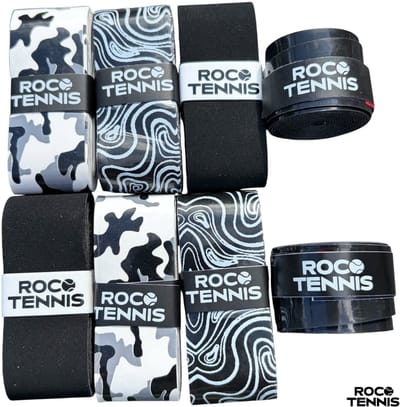 8 stuks | Roco Tennis Overgrips | Antislip | Dry | Zweetabsorberend | Uniek Patroon | Tennis | Padel | Badminton | Squash | Overgrip | Tennisgrips | Soft | Zacht | Zwart