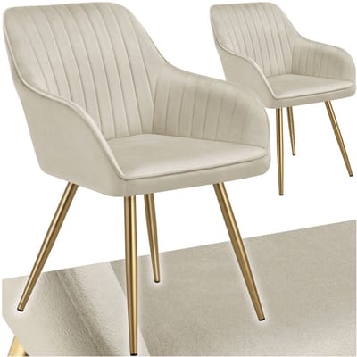 tectake® Eetkamerstoelen Marilyn - Set van 2 - Gestoffeerde Stoel in Fluweellook - Doorgestikt - Zwarte Stoelpoten - Ergonomische Keukenstoel - Doorlopende Rugleuning en Armleuningen - Stoel voor Woonkamer, Eetkamer, Slaapkamer - Creme