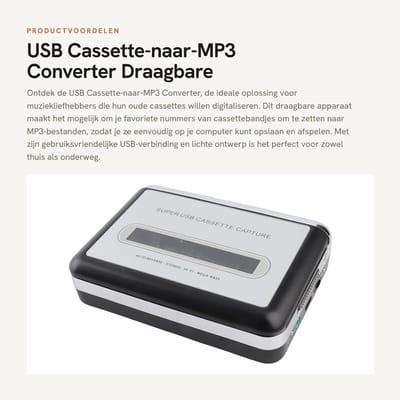 Dailygoods - USB Cassette-naar-MP3 Converter - Draagbare Cassette Converter - Eenvoudige USB-verbinding - Stereo Audio - Converteren naar MP3 - Geschi...