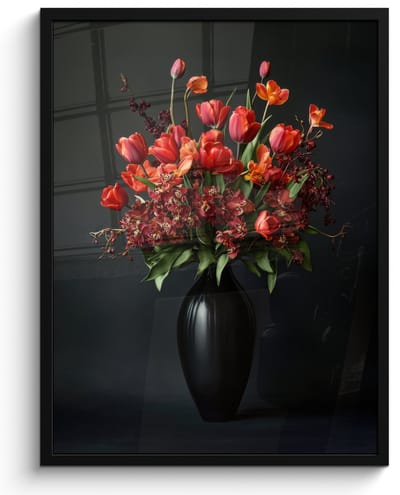 Poster in lijst - Fotolijst 50x70 cm - Posters - Boeket - Tulpen - Vaas - Rood - Posterlijst zwart - Decoratie - Wanddecoratie woonkamer - Muurdecoratie slaapkamer