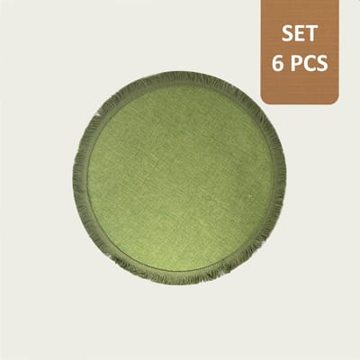 Arca TONDA - Placemats - Rond 39cm - Set van 6 - groen - met franjes aan de boord in dezelfde kleur - polyester - makkelijk in onderhoud