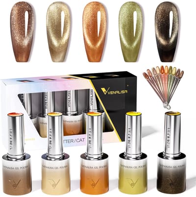 Venalisa Glitter/ Cat Eye Gel - Platinum Reflective - UV/LED Gel - HEMA vrij - TPO Vrij - 10 ml - Glitter Gellak - Cat Eye Gellak - Cat Eye Magneet Gellak - Gellak Nagellak - Gel Polish | 5 x 10 ml