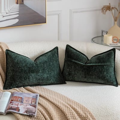 Set van 2 sierkussenhoezen van zachte chenille, effen textuur, geschikt voor bank, sofa, slaapkamer en woonkamerr 30x50 cm Donkergroen