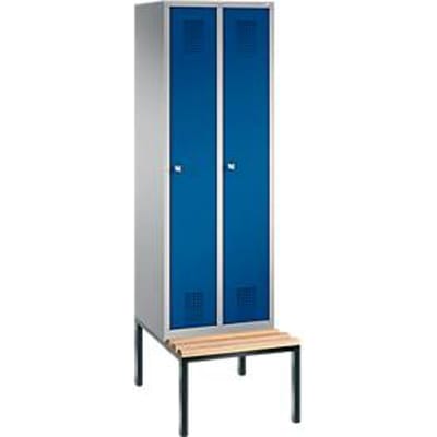 Kapstok Evolo S 3000, staal, met zitbank eronder gebouwd, 2 compartimenten allebei met B 300 mm, cilinderslot, blank aluminium RAL 9006/gentiaanblauw RAL 5010