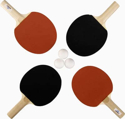 Tafeltennisset – 4 Houten Bats 1 Ster – 3 Witte Ballen – Ø 40 mm – Pingpong Training & Recreatief Spel – Longfield