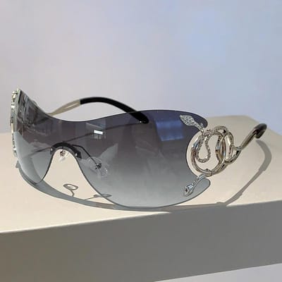 Oversized Y2k Trendy Wrap Around Punk Technologische Bril Zonnebril Dames Randloos Verloop Slangvormige Poot Zonnebril