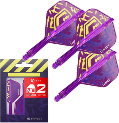 Target Darts Luke Littler World Champion K Flex Flights en Shaft Systeem - Geïntegreerde Dartflights met Shaft - No.2 Paars Geel Design - Short 19mm - 3 Stuks