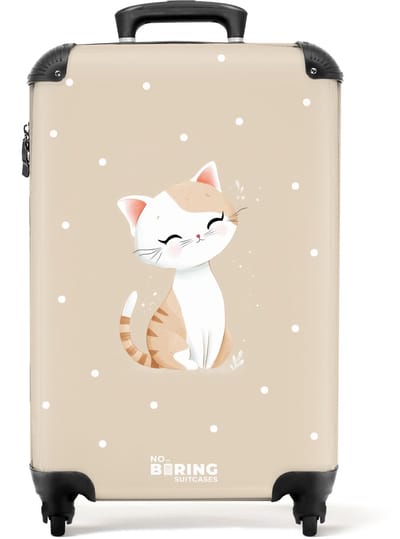 NoBoringSuitcases.com® - Kinderkoffer - Kindertrolley jongen en meisje - Kat omringd door beige stippen - Handbagage koffer lichtgewicht - Reiskoffer trolley kinderen - Rolkoffer met wieltjes - Past binnen 55x40x20 en 55x35x25
