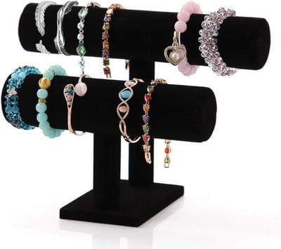 Sieradenhouder voor Armbanden en Kettingen, 2-laags T-Bar in Zwart Fluweel voor Elegante Presentatie