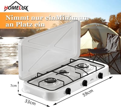 MS®- Homelux - Gas kooktoestel 3 pits - Campingkooktoestel - Gaskookplaat - incl. 1.5 m Gasslang en drukregelaar - drukregelaar 50 mbar - Wit