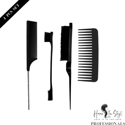 Haar in Stijl® 4-delig Kammenset Zwart - Ontklitkam - Puntkam - Edge brush - Wide Comb