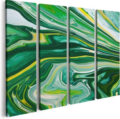 Artaza Canvas Schilderij Vierluik Abstracte Kunst - Groen met Gele Verf - 80x60 - Foto Op Canvas - Canvas Print