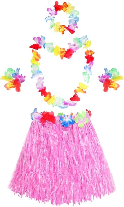Hawaï-outfit voor dames, Hawaï-hola-set, Hawaï-themafeest, kostuumset, rok, Hawaï-feestkostuum, Hawaï-grasrok met halsketting, armbanden, haarbloemen, grasrokken voor tropische Luau
