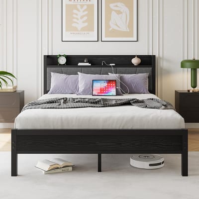 BLACKCOLORS Bedframe 140 x 200 cm met slimme ledverlichting, hoofdeinde met USB-oplaadstation, platform met stevige metalen lattenbodem, geruisloos, eenvoudige montage, geen springverenbodem nodig