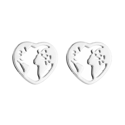 Fako Bijoux® - Oorbellen - Steker - RVS - Stainless Steel - Wereldkaart Hart - Zilverkleurig