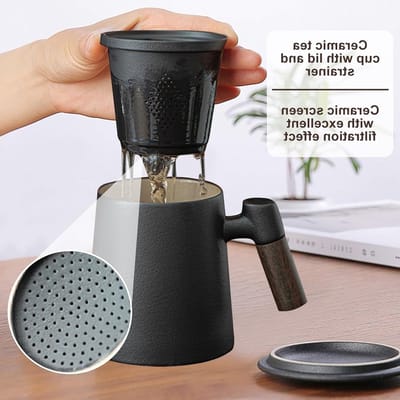 Grote keramische theekop met deksel en zeef, 400 ml, handgemaakt met houten handvat voor bescherming, perfect als cadeau voor theeliefhebbers
