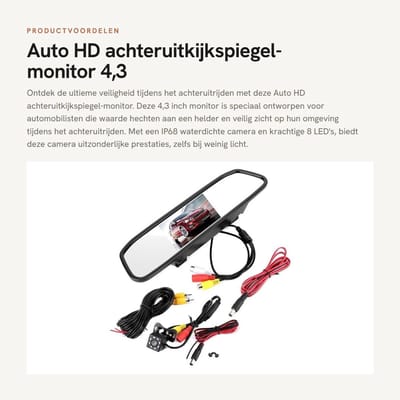 Dailygoods- Achteruitkijkspiegel-monitor 4,3 inch - HD Automonitor - Waterdichte Camera - Nachtzicht - IP68 - TFT-LCD Scherm