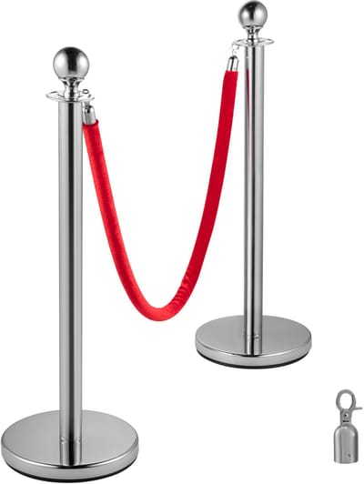 Crowd Control Stanchion Barrières - Voor Menigtecontrole Rvs bolders - Staanders fluwelen touwen rood 1,5 m - Zilver 4 stuks
