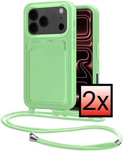 Hoes Geschikt voor iPhone 17 Pro Hoesje Pasjeshouder Cover Met Koord Case Siliconen Hoes Met Telefoonkoord en Kaarthouder - Groen - 2 PACK