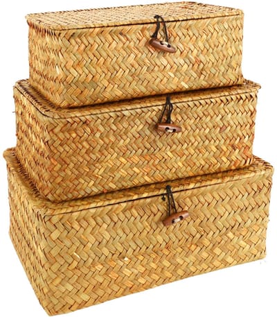 Dailygoods- Opbergmand met deksel - Rieten opbergmand - Opbergmanden - Opbergmanden voor planken - Set van 3 - Natuurlijke zeegras manden - Opbergdoos