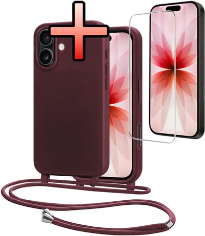 Hoes Geschikt voor iPhone 17 Met Telefoonkoord Met Screenprotector - Siliconen Hoesje Backcover Met Ketting - Aubergine