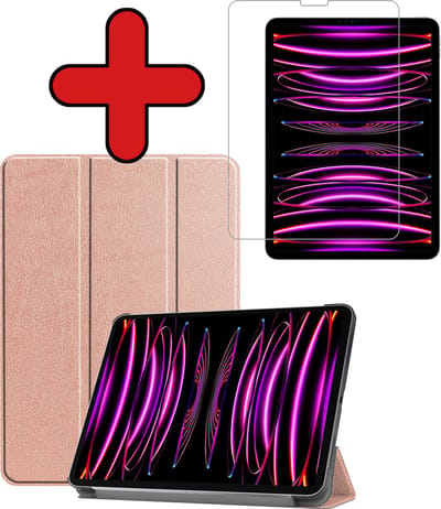 Hoesje - Geschikt voor Apple iPad Pro (2022) - 11 inch - 4e generatie - Met Screenprotector - Hardcover Book Case - Trifold Bookcase Hoes - Hard Cover - Tablethoes - Rosé goud