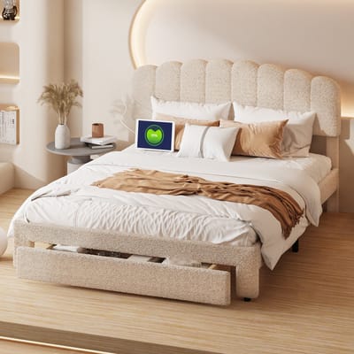 Gestoffeerd tweepersoonsbed met USB-oplaadpoort, 140x200cm, opbergbed met 1 lade, kinderbed, beige teddy hoofdbord, zonder matras