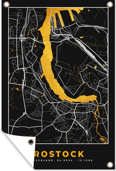 Muurdecoratie Rostock - Stadskaart - Plattegrond - Goud - Kaart - Duitsland - 120x180 cm - Tuinposter - Tuindoek
