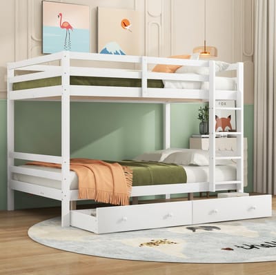 MEUNIQ Stapelbed 140x200 cm met ladder, hoge veiligheidsrand, opberglades en lattenbodems voor kinderkamer, wit