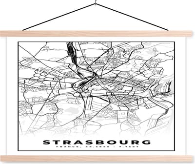 Posterhanger incl. Poster 90x60 cm - Schoolplaat - Frankrijk - Kaart - Strasbourg - Plattegrond - Stadskaart - Zwart wit - Textielposter - Blanke latten - Stadskaart