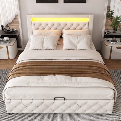 140 x 190 cm gestoffeerd bed - met bedbodem en opbergruimte - met LED-verlichting - wit - zonder matras