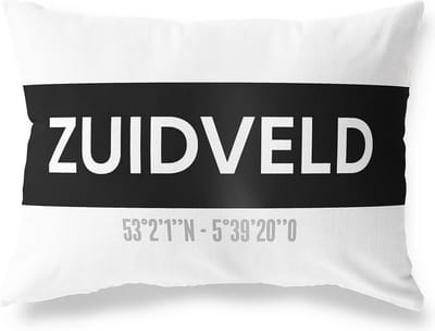 Tuinkussen ZUIDVELD - DRENTHE met coördinaten - Buitenkussen - Bootkussen - Weerbestendig - Jouw Plaats - Studio216 - Modern - Zwart-Wit - 50x30cm
