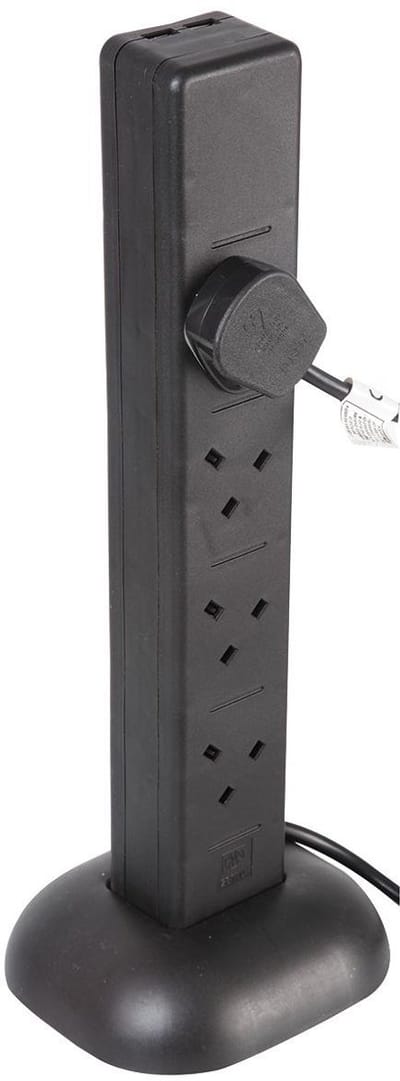 8-Weg Torenstekkerdoos met 2 USB Oplaadpoorten, 1 Meter Kabel, Zwart