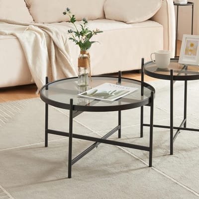 Salontafel Rond - Koffietafel - Woonkamer Decoratie - Met Glazen Blad - Ø61x395cm - Zwart