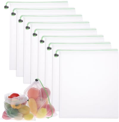 Dailygoods- Groenteopbergzakken 8 stuks - Herbruikbaar - Nylon - Milieuvriendelijk - Opbergtas - Transparant touw - 35 x 30 cm - Boodschappentas