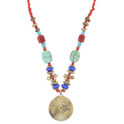 Behave – Ketting – Rood turquoise blauw – Vintage Bohemian stijl – Spiraalhanger – Antiek goudkleur