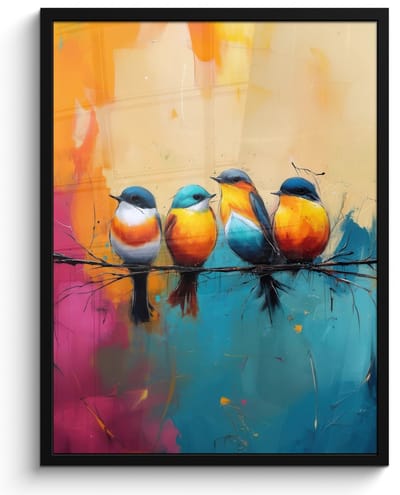 Poster in lijst - Fotolijst 60x80 cm - Posters - Vogels - Kleurrijk - Tak - Abstract - Posterlijst zwart - Decoratie - Wanddecoratie woonkamer - Muurdecoratie slaapkamer