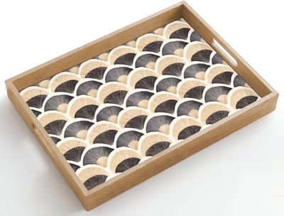 Dienblad hout 50x35 cm - Schootdienblad - Waaier - Patroon - Zwart - Beige - Borrelplank rechthoek - Plateau dienbladen
