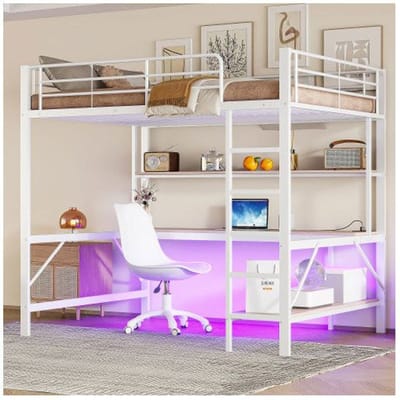 Verhoogd slaapplatform - MUVOE - 140x200 cm - Wit - USB- en stopcontacten - 7-kleurige verlichting wit