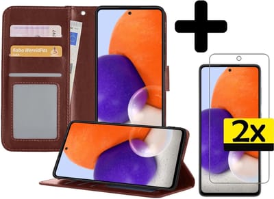 Hoesje - Met 2x Screenprotector - Geschikt voor Samsung Galaxy A72 5G - Luxe Pasjeshouder - Bookcase Portemonee - Flip Case - Kunstleer Book Case - Flipcase Hoes - Book Cover - Walletcase - Portemonneehoes - Telefoonhoesjes - Bruin