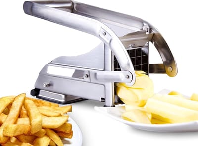 Frietsnijder - reepjessnijder - aardappelsnijder met dubbel mes - reepjessnijder - Frietsnijder met antislip zuignapvergrendeling - roestvrijstalen frietpers - handmatige aardappelpers - zilver