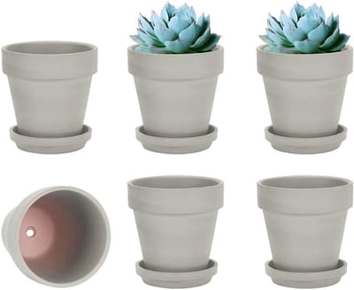 Famanu – Kleine grijze terracotta kleipot met schotel set van 6 stuks, 10,16 cm, met drainagegat voor binnen- en buitenplanten, ideaal voor decoratie