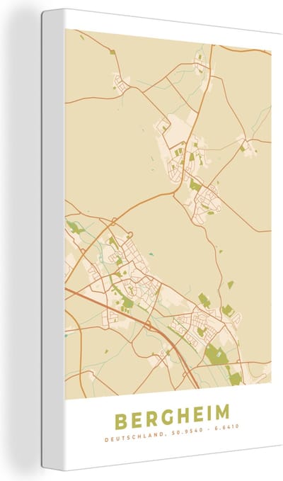 Canvas Schilderij Plattegrond - Kaart - Vintage - Bergheim - Stadskaart - 20x30 cm - Wanddecoratie
