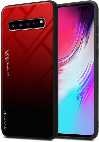 Cadorabo Hoesje geschikt voor Samsung Galaxy S10 5G in ROOD - ZWART - Tweekleurige beschermhoes van TPU-silicone Case Cover en achterzijde van gehard glas