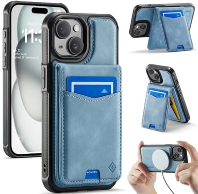 Casemania Hoesje Geschikt voor Apple iPhone 15 - Aqua Blue - Geschikt voor MagSafe - Back Cover met Afneembare Magnetische Pasjeshouder met Standaard - Telefoonhoesje en Kaarthouder