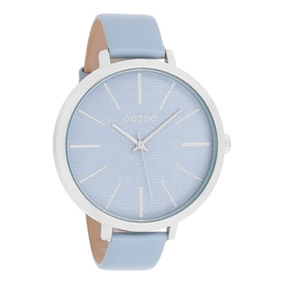 OOZOO Timepieces - Zilverkleurige horloge met licht blauwe leren band - C9677