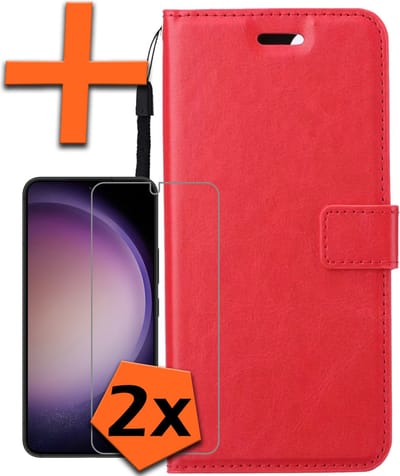 Hoes - Met 2x Screenprotector - Geschikt voor Samsung Galaxy S23 - Luxe Pasjeshouder - Bookcase Portemonee - Flip Case - Kunstleer Book Case - Flipcase Hoes - Book Cover - Walletcase - PortemonneeHoes - Rood