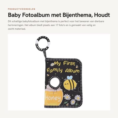 Dailygoods- Fotoalbum Zacht - Babyfotoalbum - Bijenthema - 17 Foto's - Veiligheidsspiegels - Compact 18,5 x 14 cm - Babyboek