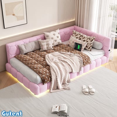 Gutent Slaapbank-90*200 cm-met lattenbodem-Zonder matras-16 kleuren sfeerverlichting-USB-interface-type-C-aux wol-Roze